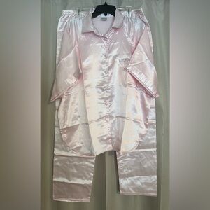 Vintage Kathryn Pink Satin Pajama Set Button Front Long Sleeve Size L
